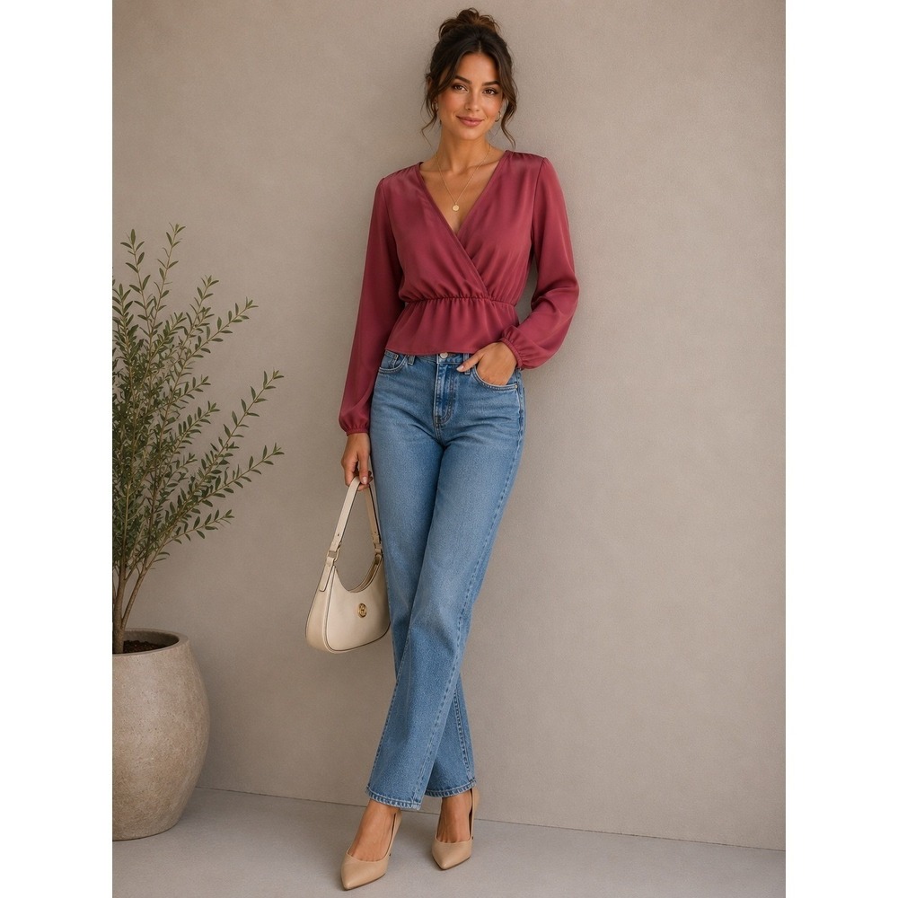 Solemio Women's Mauve, Sheer, Open-Back, Tie-Waist, Crop-Top, Blouse Size Large